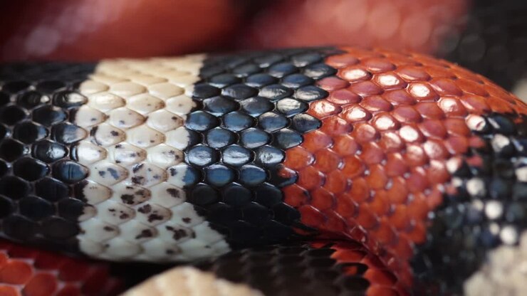 Nahaufnahme der farbenfrohen Schuppen einer Pueblanischen Milchschlange, Lampropeltis triangulum campbelli, die sich bewegen, wenn die Schlange atmet