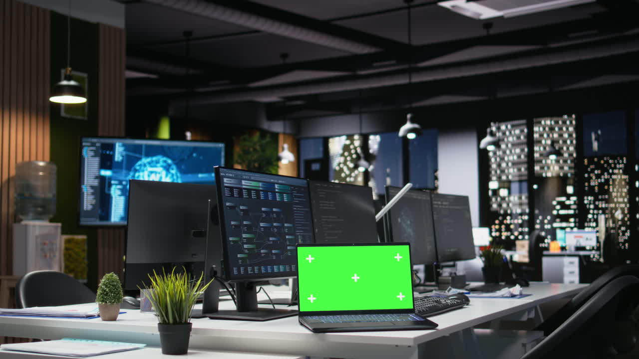 Ufficio moderno vuoto con laptop con schermo verde e più monitor di notte