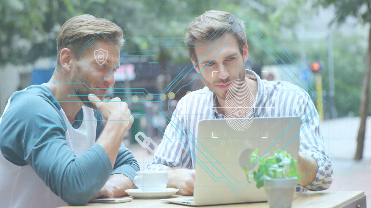 Animation of network of connections and fingerprint over caucasian men using laptop