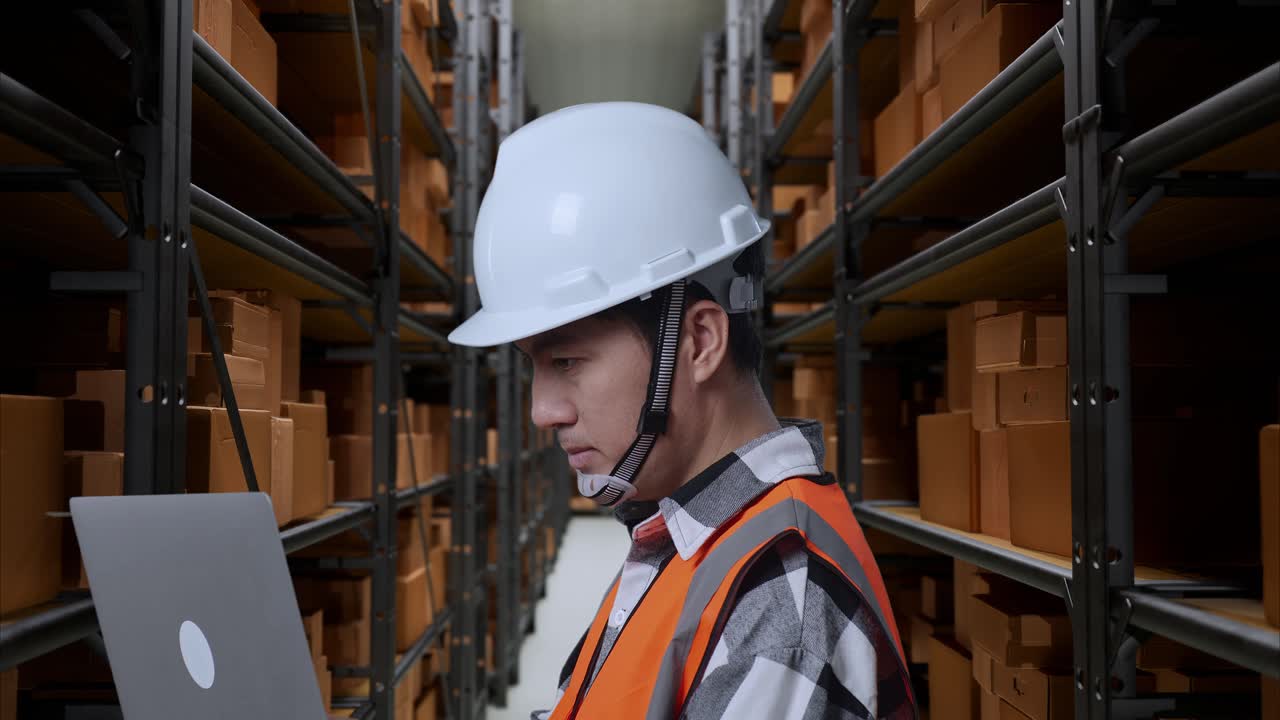 vista lateral de cerca de un ingeniero masculino asiático con casco de seguridad trabajando en una computadora portátil mientras está de pie en el almacén con estantes llenos de productos de entrega