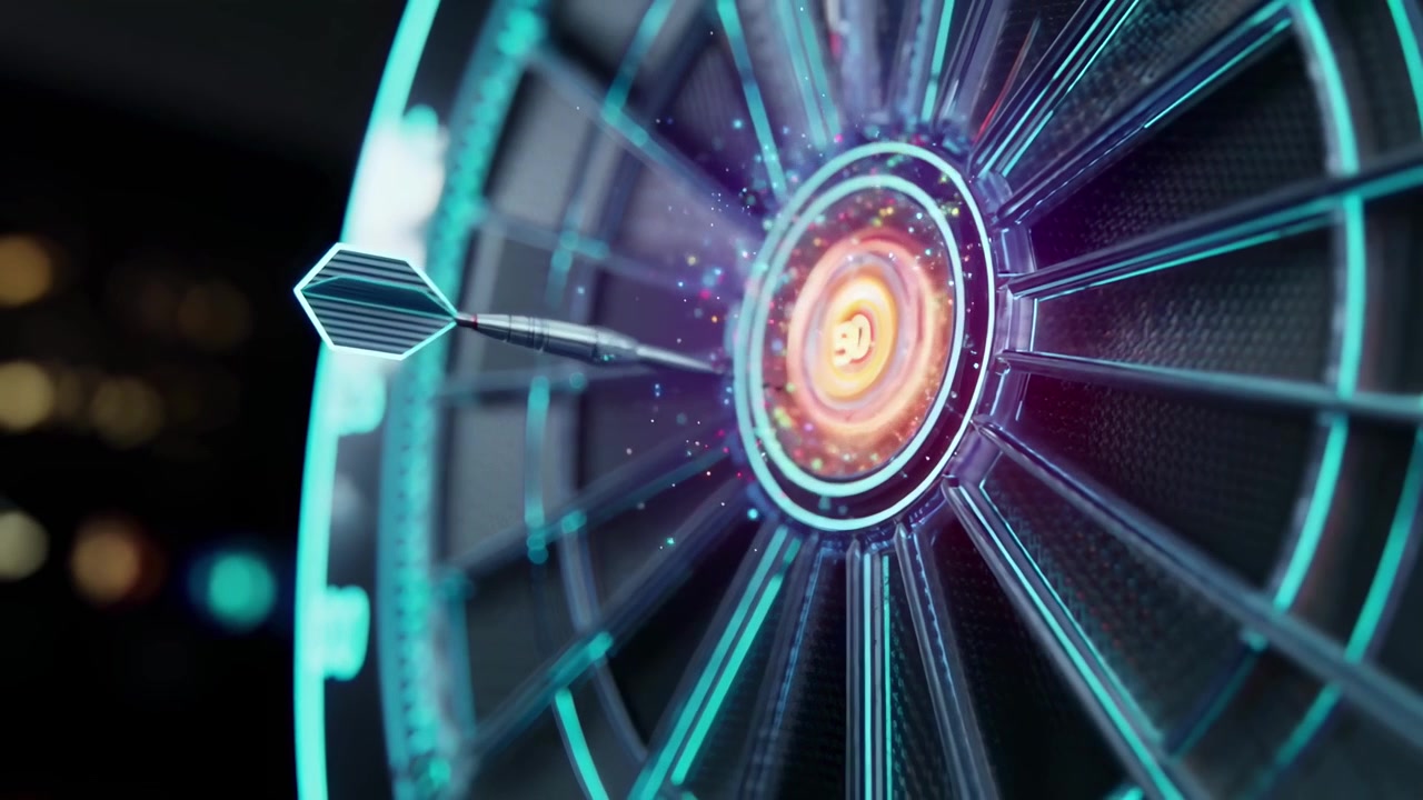 Dart Hitting Bullseye on Futuristic Digital Dartboard with Score