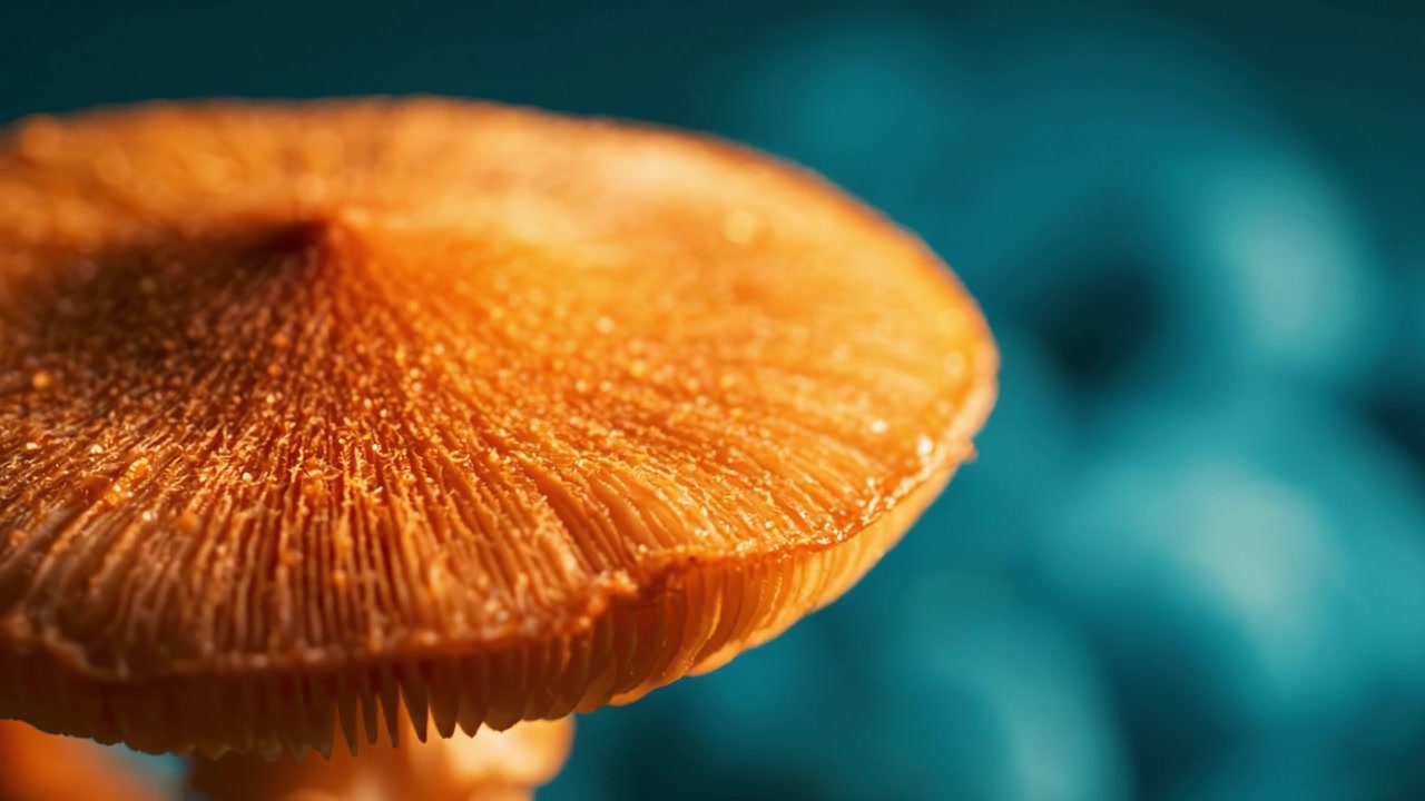 Primo piano di un cappello di fungo arancione vibrante che rivela trame intricate, su uno sfondo turchese delicatamente sfocato, mettendo in mostra la bellezza dettagliata della natura