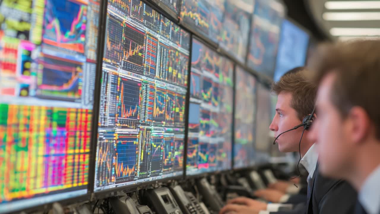 A Focused Trader Analyzing Complex Financial Data with Multiple Screens Displaying Colorful Charts and Graphs in a Modern Trading Environment