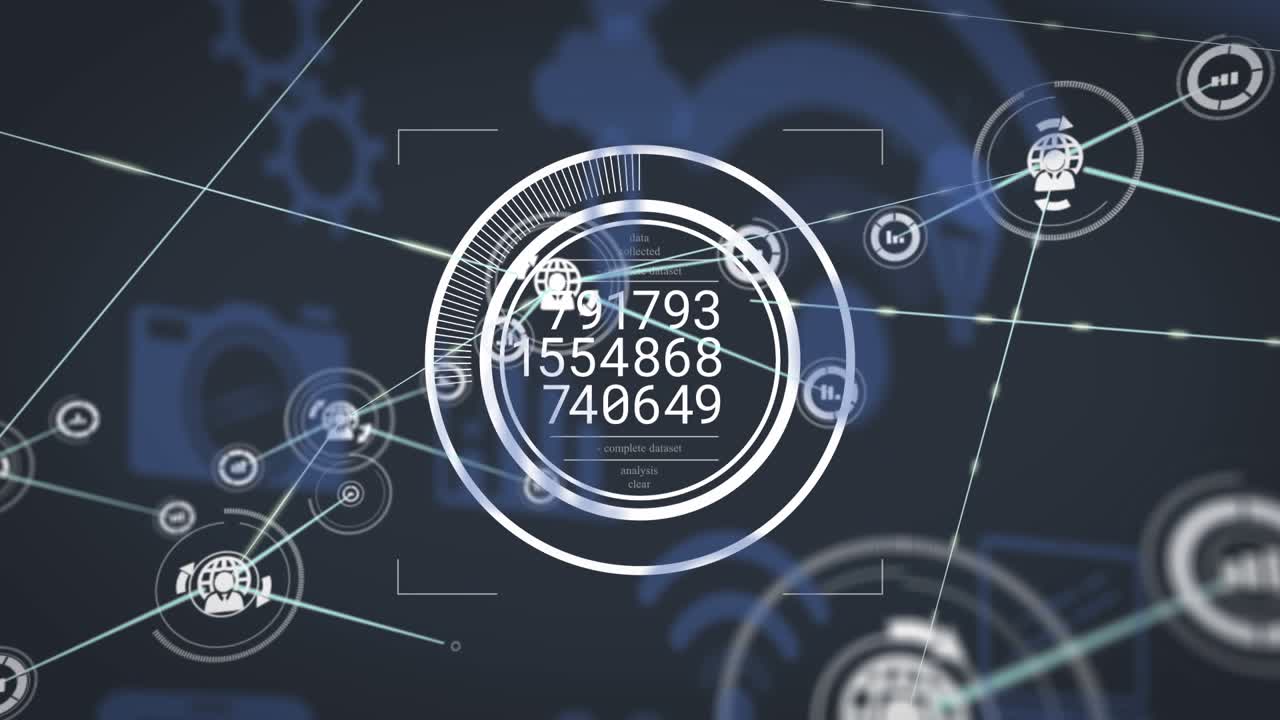 Animation of connected icons over changing numbers in circles against multiple icons in background