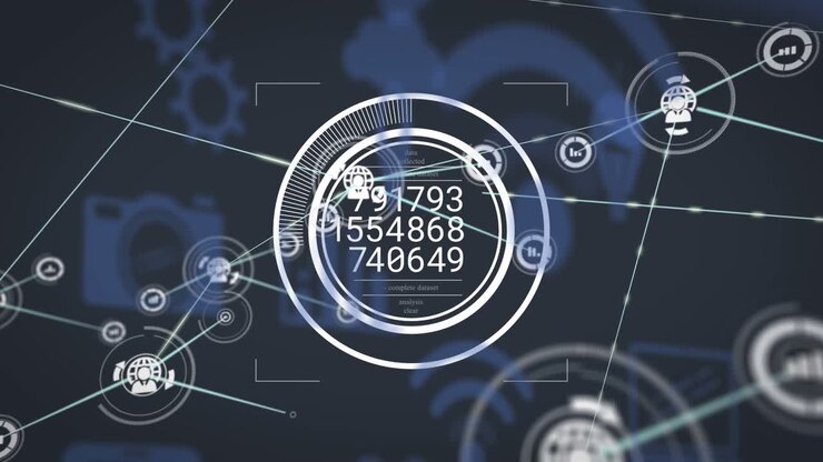 Animation of connected icons over changing numbers in circles against multiple icons in background