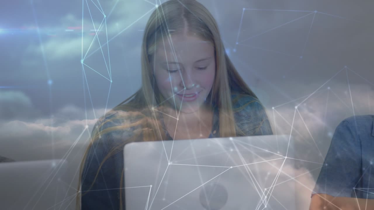Animation of network of connections over caucasian students using laptop