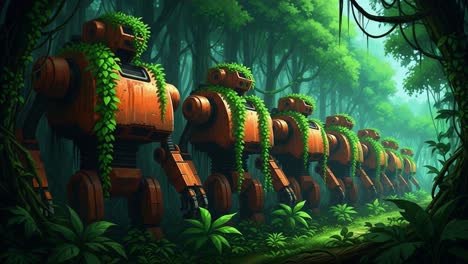 a stunning visual journey through a lush jungle scene highlighting vintage robots adorned with vibrant foliage, merging nature with technology in harmony