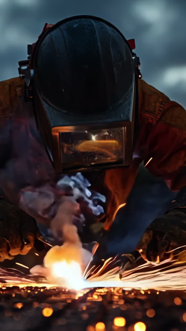 A man in a protective suit is working on a piece of machinery. The scene is set in a factory with a lot of sparks flying around. The man is focused on his work