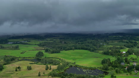 timelapse of an aerial shot of a countryside landscape on a cloudy day with green fields, trees and a lake