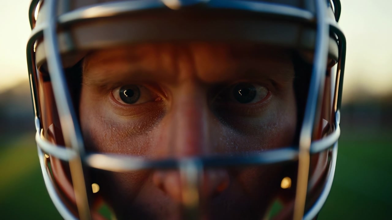 Close-up extremo ao nível dos olhos mostra olhos de jogador de futebol americano adulto, testa franzida, ponte do nariz, protetor facial cromado, casco brilhante do capacete e luz quente da hora dourada em campo externo, criando um foco intenso.