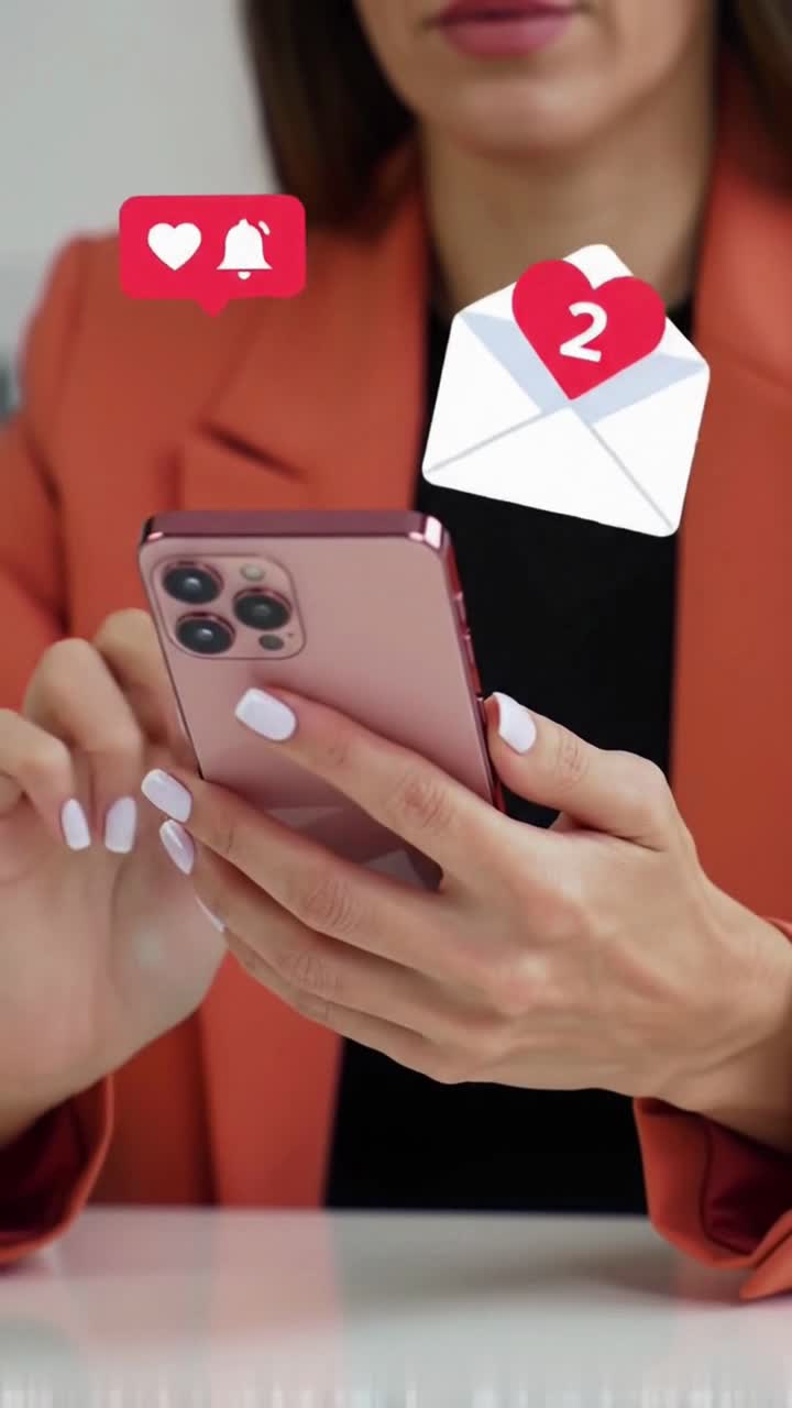 Woman with Pink Nails Using Rose Gold smartphone, sending e-mails