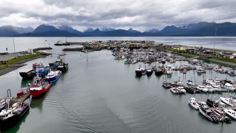 aerial push in over fishing boats in homer alaska