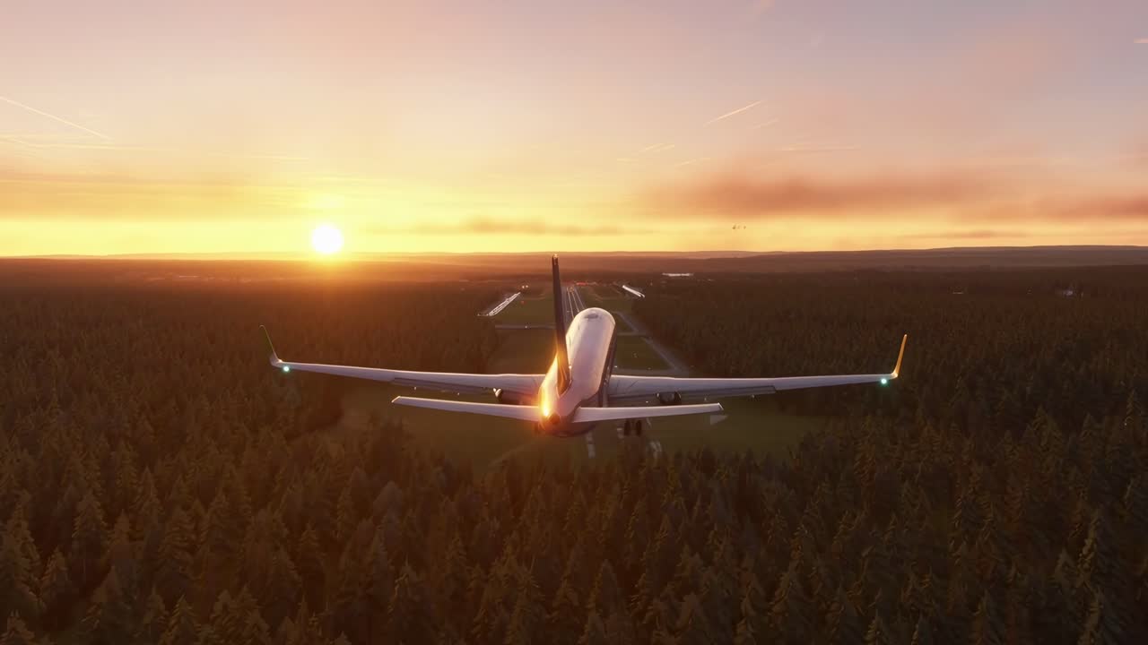 Dronevideo af et fly, der lander ved solnedgang, og fanger en naturskøn udsigt bagfra