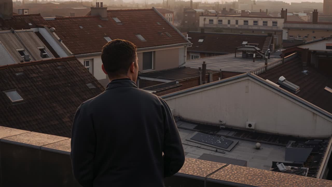 Standing man with dark jacket turning slightly right on rooftop parapet, sun lowering drawing gaze