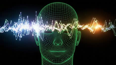 visualization of cognitive processes: a digital representation of thought waves illustrated through a wired head model emphasizing brain activity and neural interactions