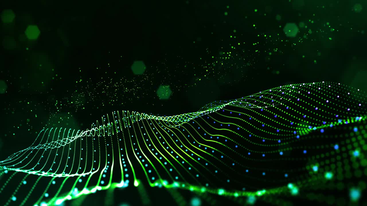 4k looped sci-fi green background with bokeh and light effects. Glow green color particles form lines, surfaces, string structures as virtual space or hologram for HUD screen. 11