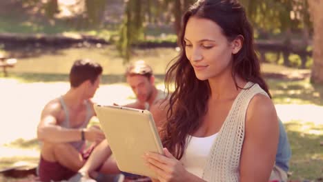 Frau-Benutzt-Tablet-Computer-Mit-Ihren-Freunden-Hinter-Ihr-Im-Park