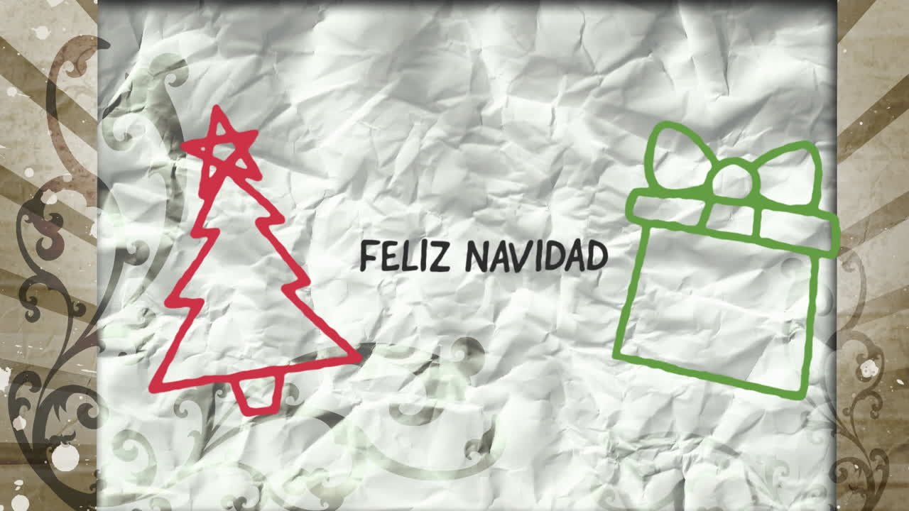 animación de dibujo a mano feliz navidad y decoraciones navideñas en fondo de papel blanco arrugado