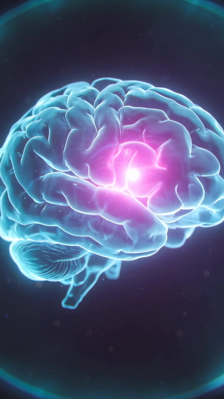 Vertical video: Rotating 3D brain on play, magenta core pulsing, simulating activation in studio