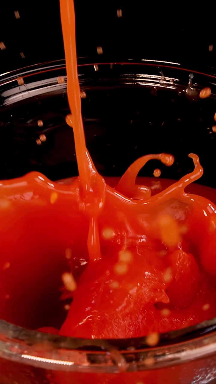 Un pomodoro intero pelato viene fatto cadere in una ciotola di vetro di salsa di pomodoro, creando uno schizzo e bolle sotto un'illuminazione drammatica da studio con uno sfondo nero.