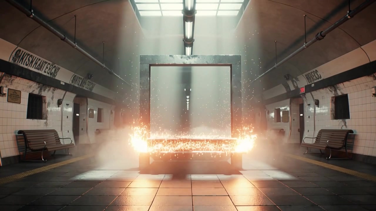 Painéis deslizantes revelando um grande portal metálico em uma plataforma de metrô deserta, emitindo névoa e faíscas.