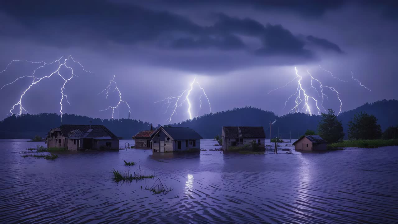 Flooded Houses During a Lightning Storm