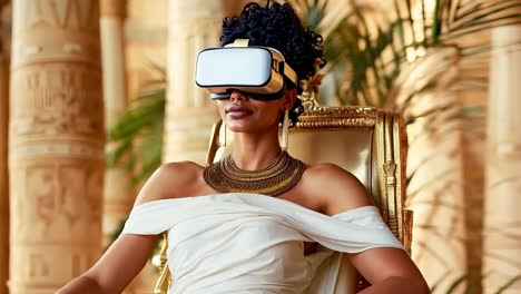 una mujer con un vestido blanco sentada en un trono de oro con un auricular de realidad virtual