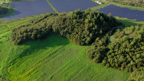 Aerial:-Panoramic-reveal-shot-of-solar-panels-in-green,-grassy-field