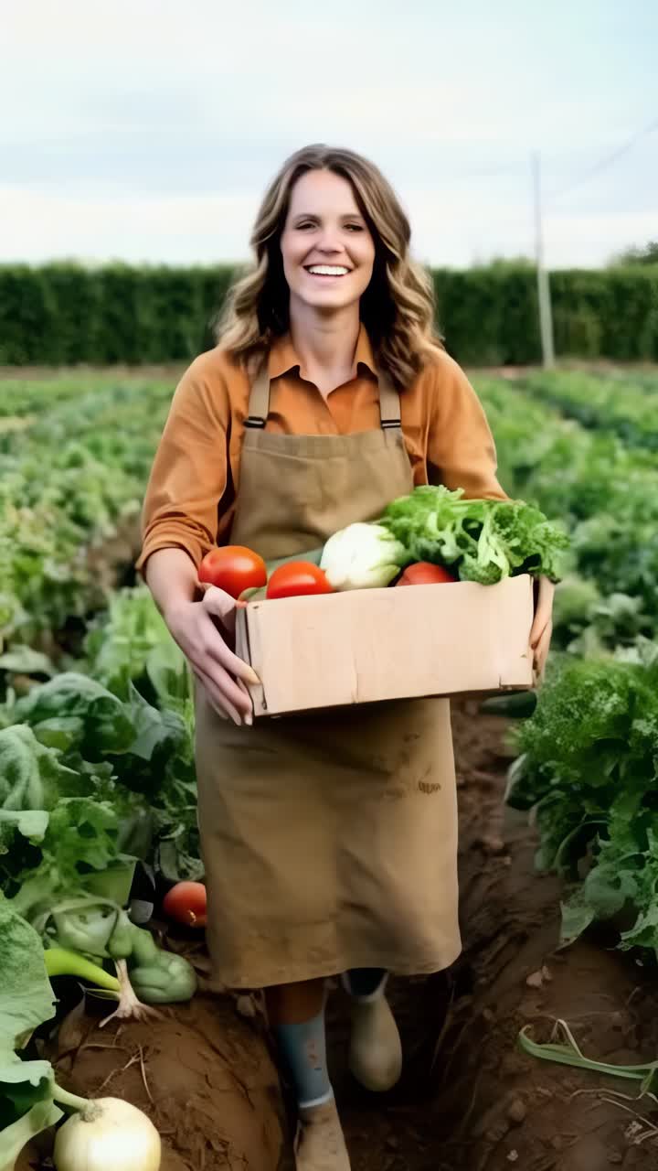 una mujer sostiene una caja de verduras y sonríe