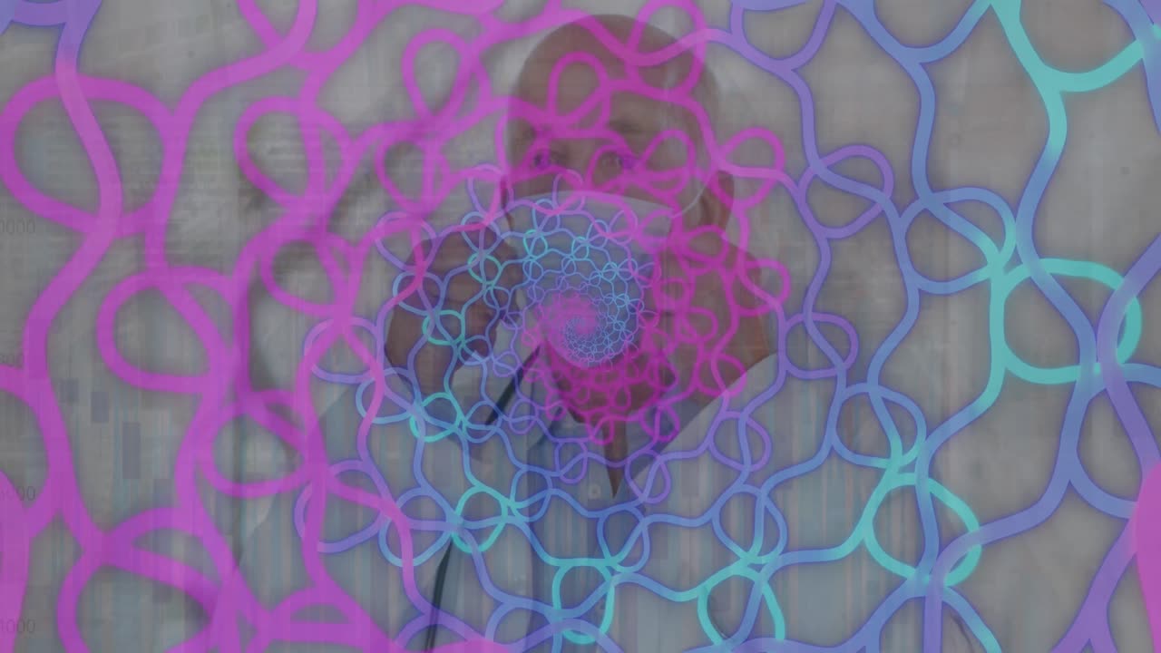 animación del procesamiento de datos sobre un médico caucásico con máscara facial