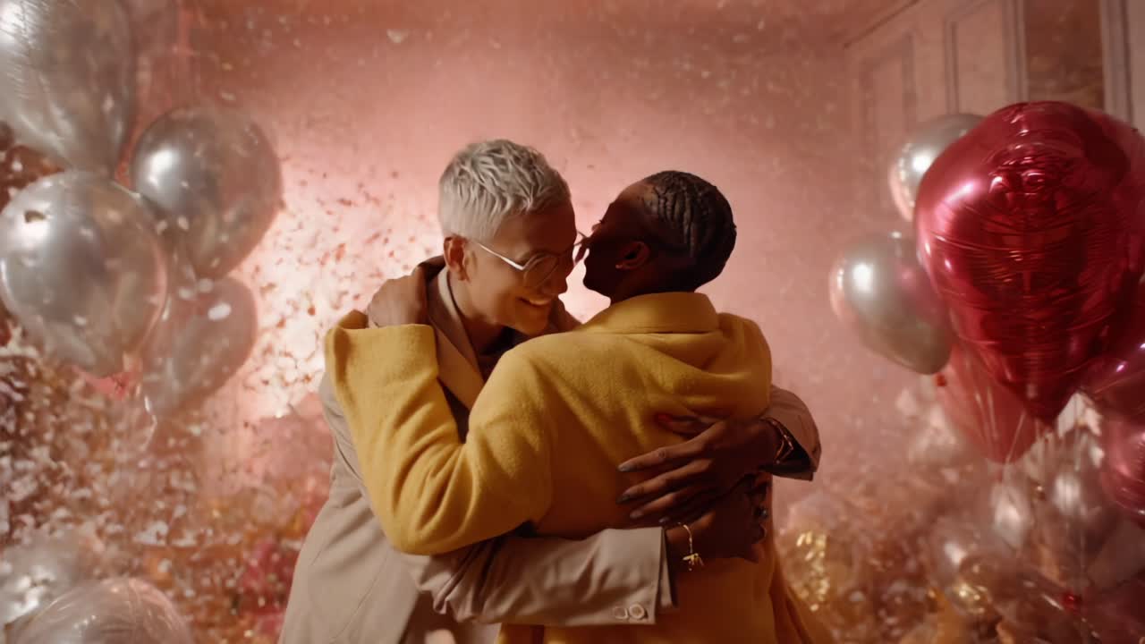 Two friends celebrate in a vibrant party atmosphere filled with confetti and balloons, embracing each other warmly amidst a backdrop of colorful decorations and joyful energy