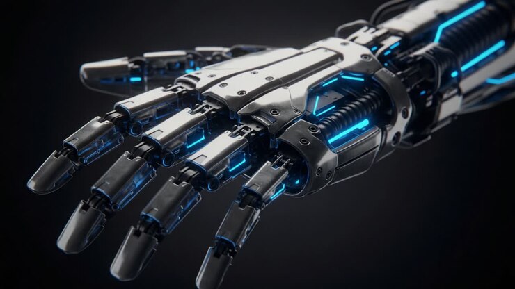 Futuristic Robotic Hand with Blue LED Accents Showcasing Advanced Technology and Mechanical Design in High-Definition Detail with a Sleek Appearance