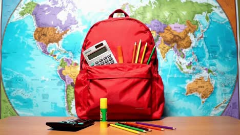 red student backpack ready for adventure in front of a large world map