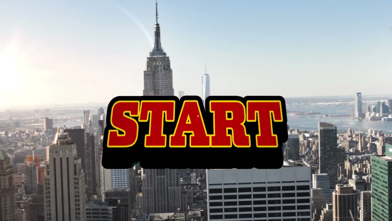 도시 풍경 위의 시작 텍스트의 애니메이션