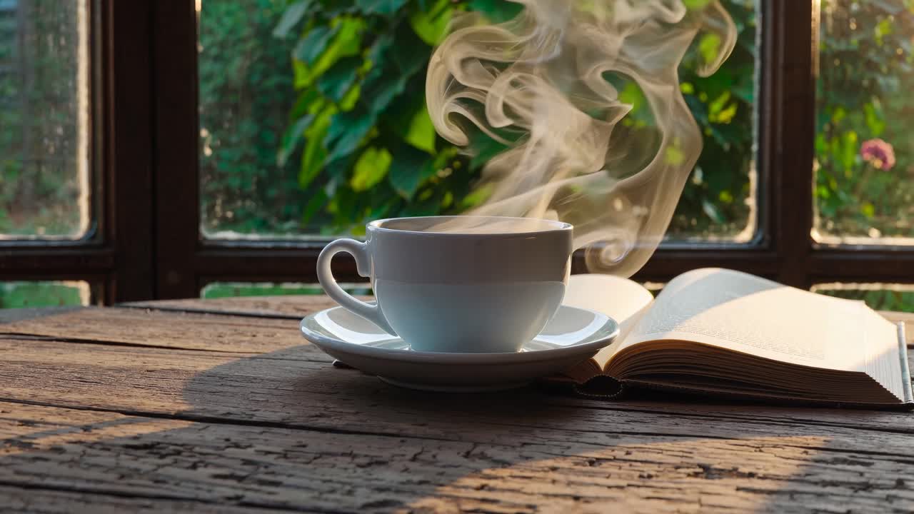 Cena aconchegante e acolhedora de uma xícara de café fumegante e um livro aberto em uma mesa rústica