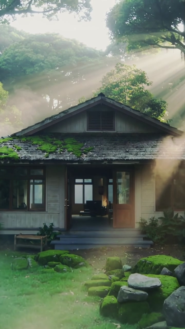 Vertical video: Sunbeams sweeping through forest clearing mist, showing mossy cottage porch, bench