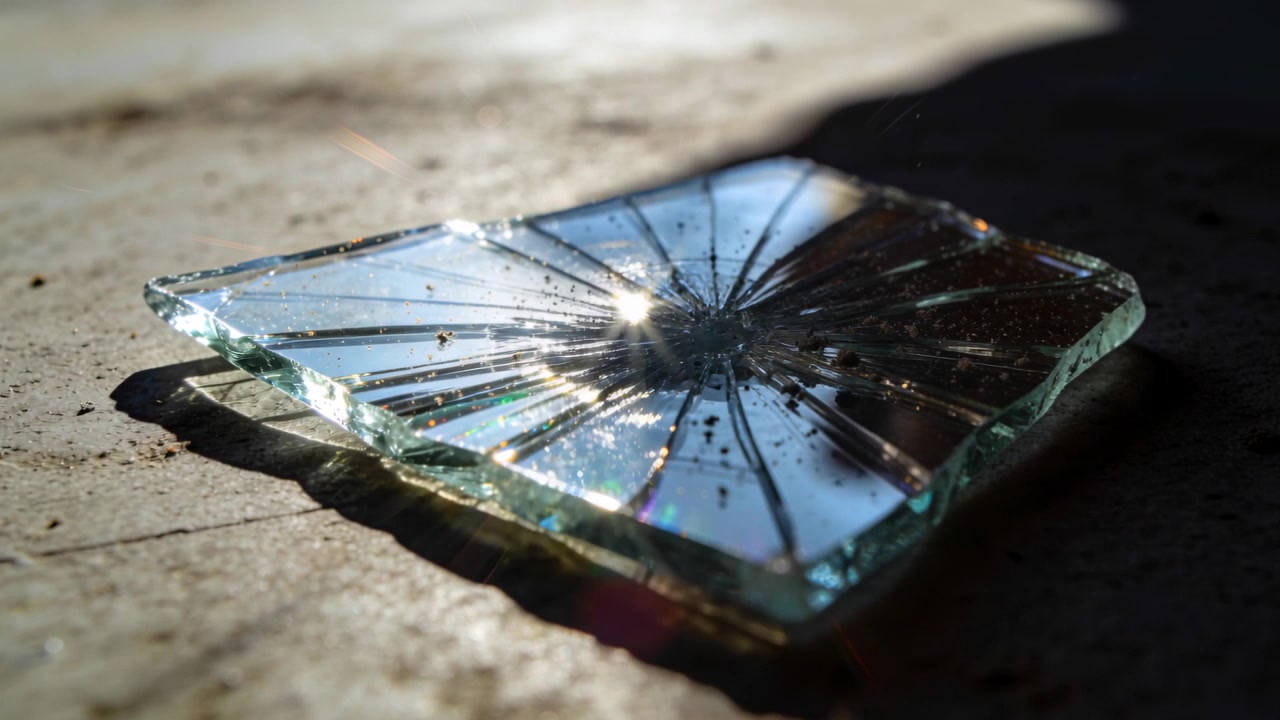 Luce solare che filtra attraverso una fessura, creando un fascio di luce che si muove su vetro incrinato sul cemento, mostrando le crepe.