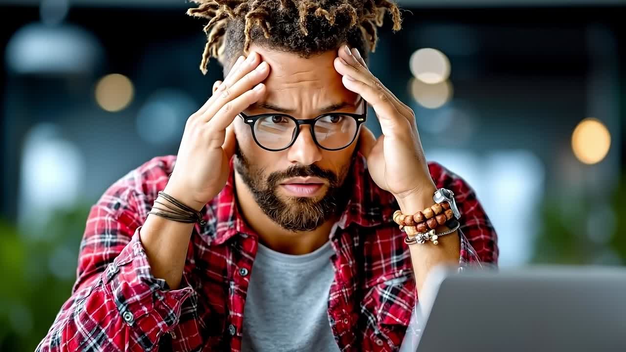 A man with dreadlocks sitting at a desk with his head in his hands