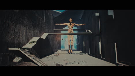 post-apocalyptic humanoid figure in a desolate cityscape