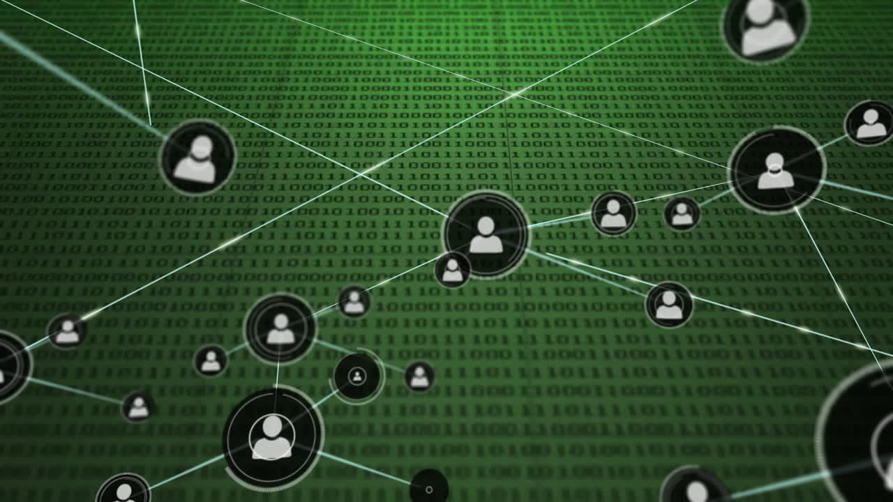 Animation of network of connections with icons over data processing on green background