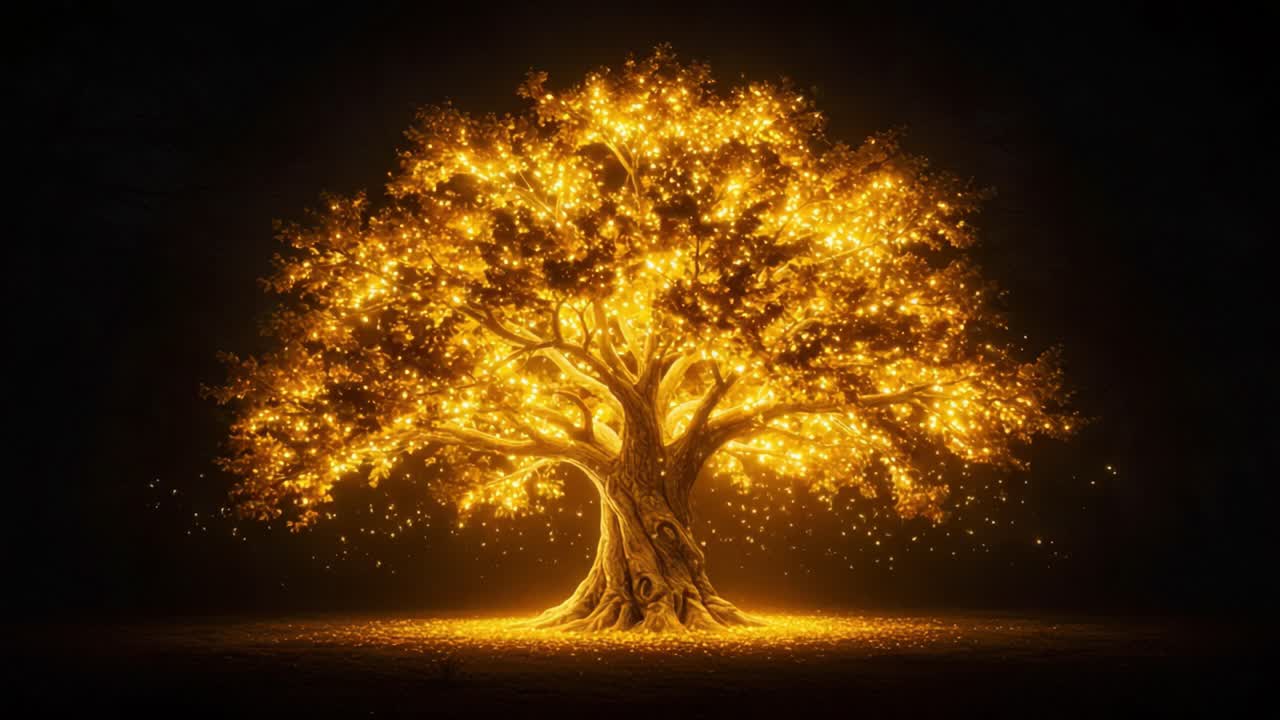 A Majestic Golden Tree Illuminated by Enchanting Light, Radiating Warmth and Magic in a Darkened Space, Creating a Captivating and Dreamlike Atmosphere