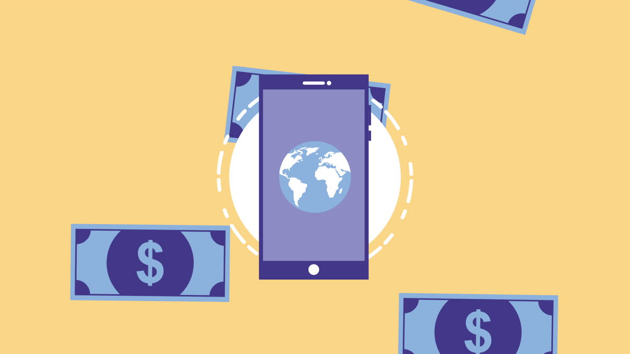 돈과 세계 행성을 가진 스마트 폰 장치