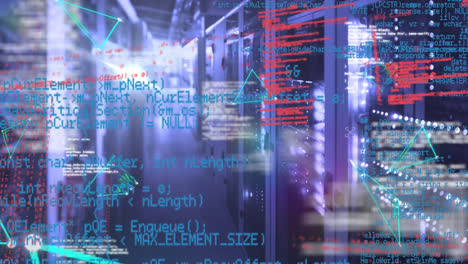 animation of multiple abstract triangle shapes and data processing against computer server room