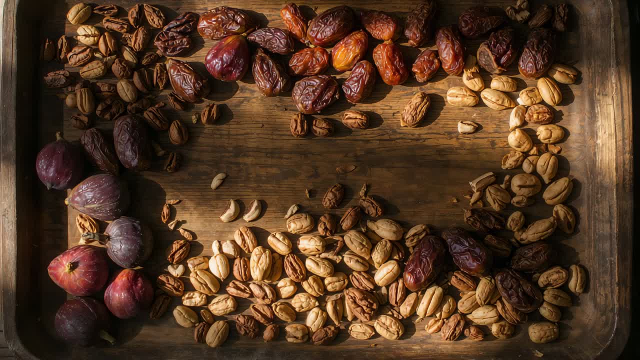 Sweeping sunlight crossing wooden tray from sun moving, highlighting dates, figs and nuts