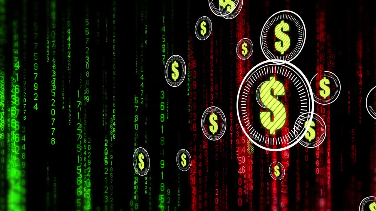 미국 달러 기호의 애니메이션, 바이너리 코딩 및 금융 데이터 처리