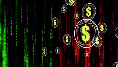 animación del signo del dólar estadounidense, codificación binaria y procesamiento de datos financieros