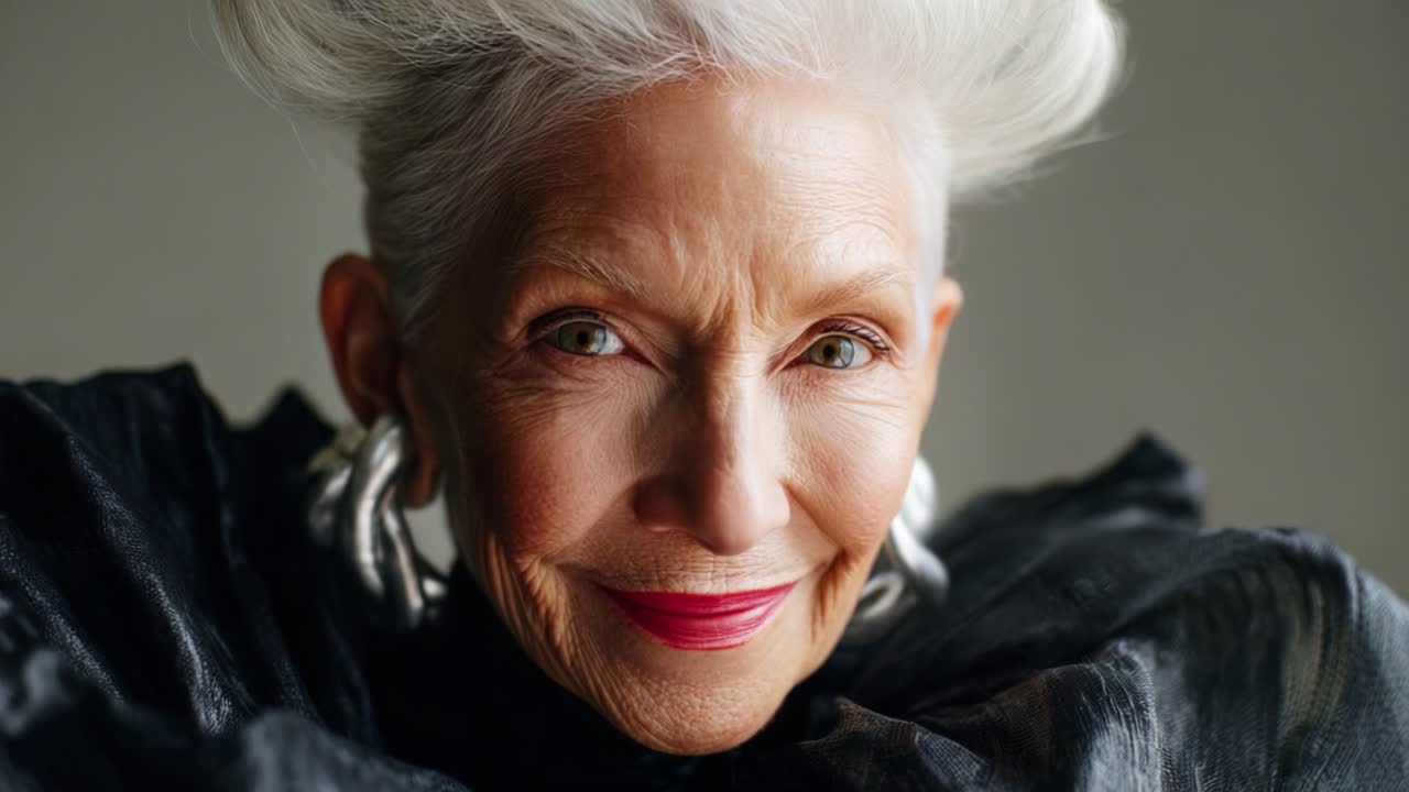 A Stunning Transformation: Captivating Portrait of a Mature Woman with Elegant Silver Hair and Bold Makeup, Showcasing Both Intensity and Warmth in Two Distinct Expressions