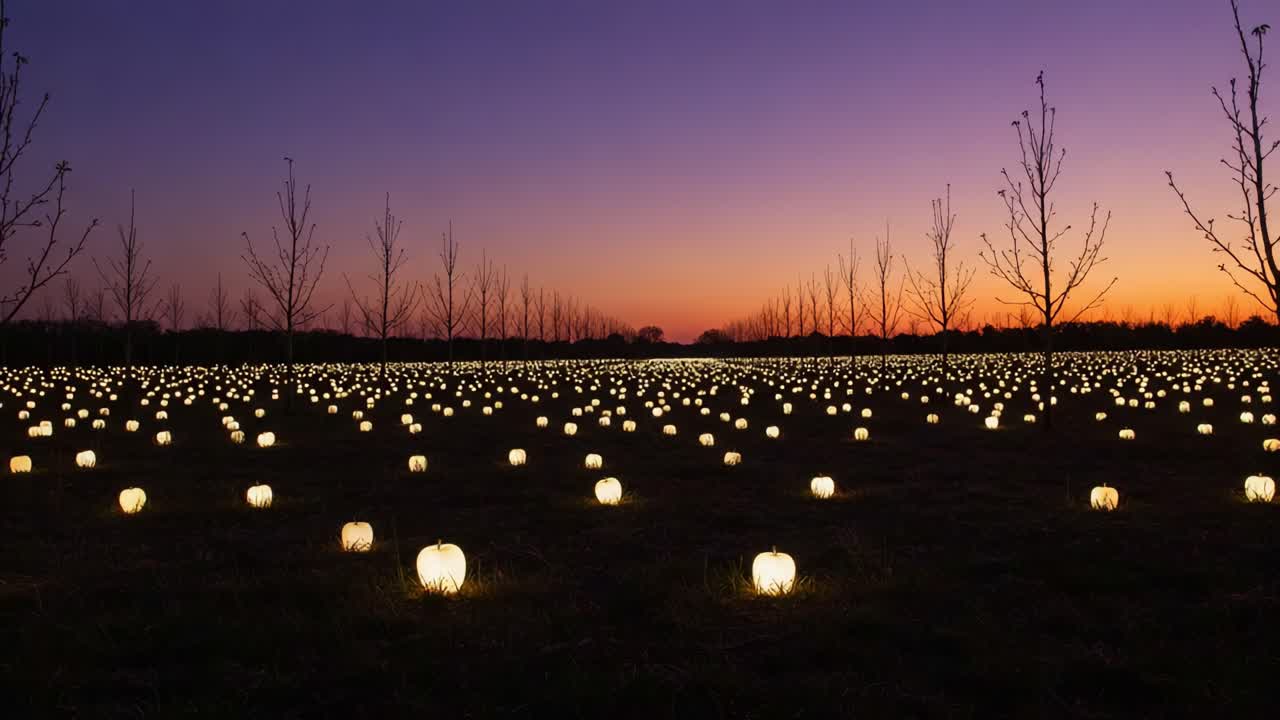 A Breathtaking Twilight Scene of Luminescent Pumpkins Blanketing a Field Under the Fading Light of Dusk, Transforming Nature into a Magical Experience