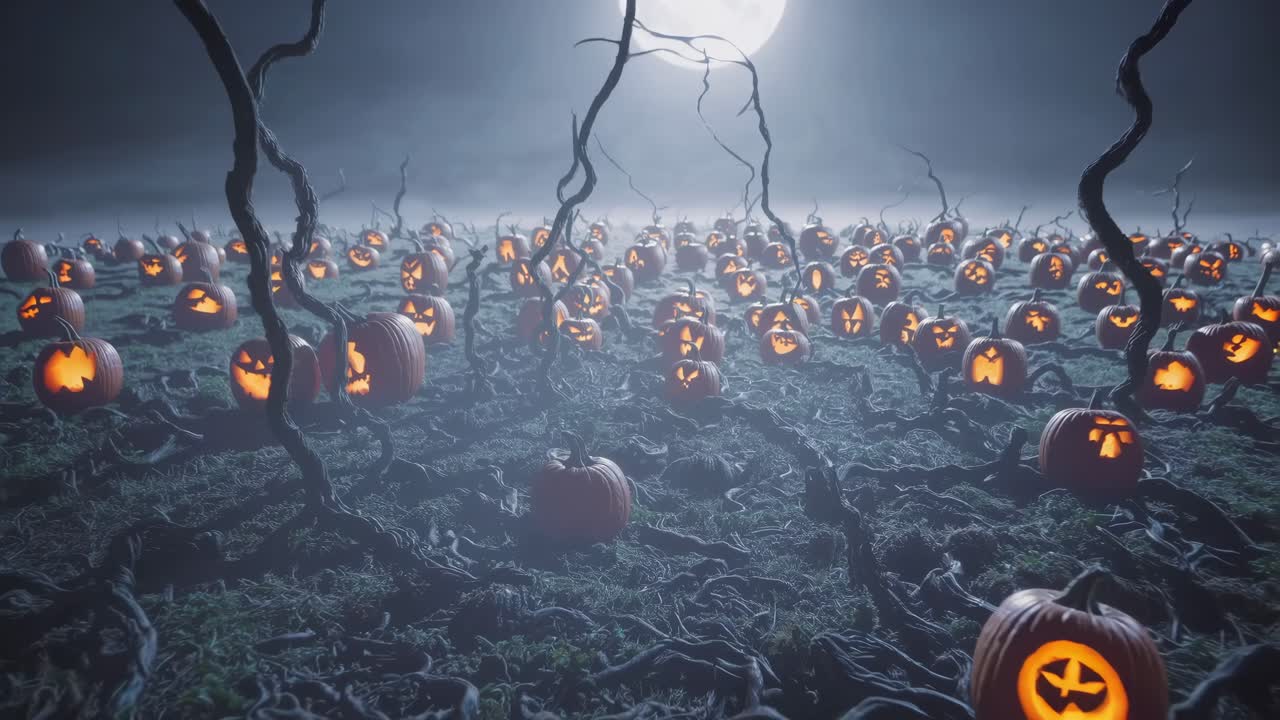 Halloween pumpkin field under full moon