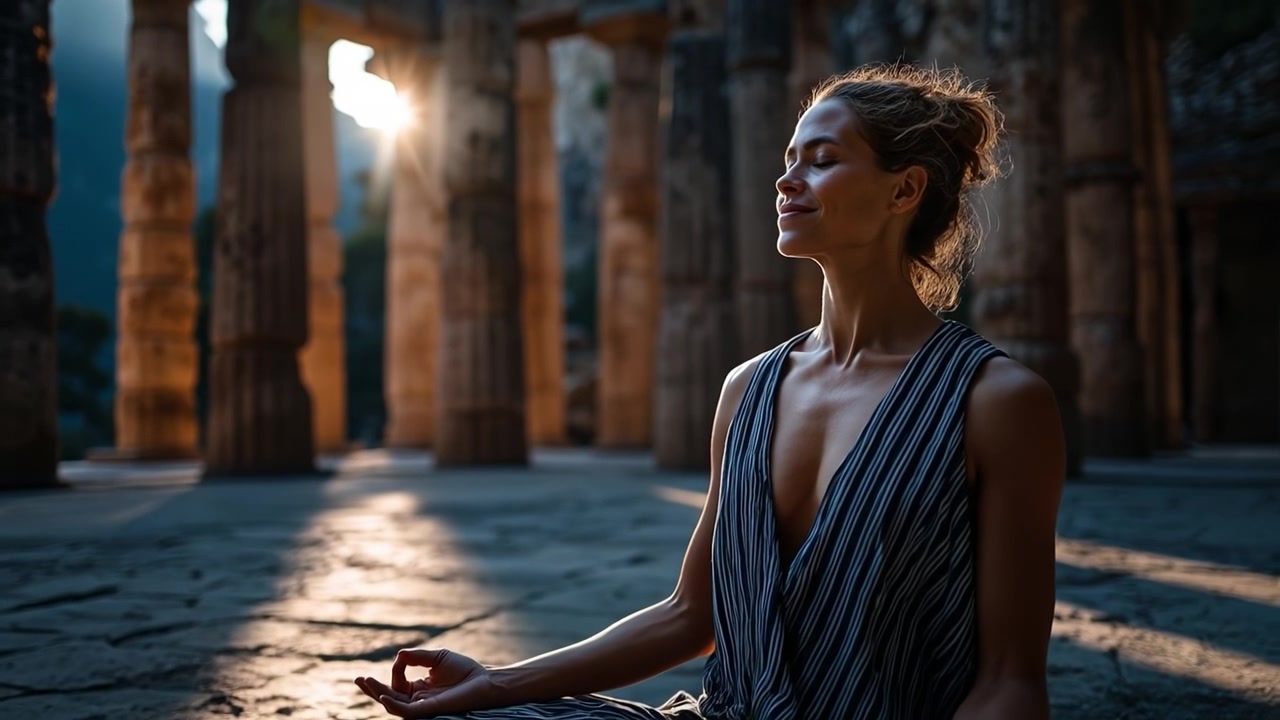 Mujer serena meditando en posición de loto entre antiguas ruinas de piedra al amanecer